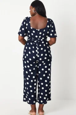 Curve Blue Spot Tie Waist Jumpsuit