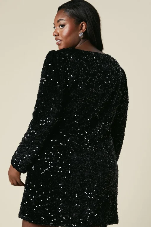Curve Lace Trim Velvet Sequin Mini Dress