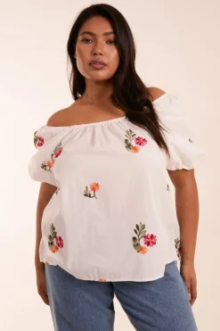 Curve Milkmaid Flower Embroidered Top