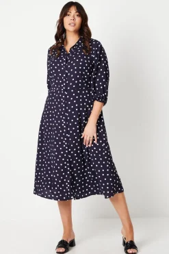 Curve Navy Spot Midi Shirt Dress