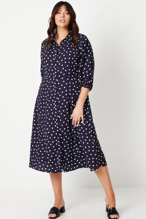 Curve Navy Spot Midi Shirt Dress