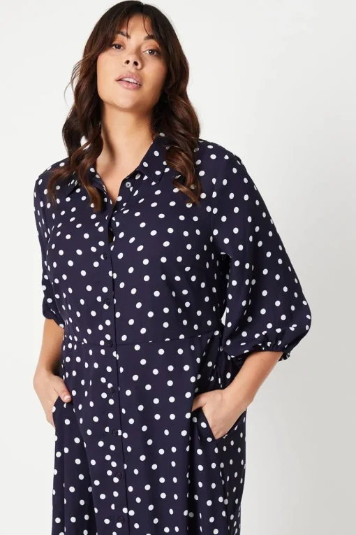 Curve Navy Spot Midi Shirt Dress