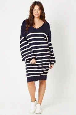Curve Stripe Stitch Detail Longline V Neck Jumper Dress