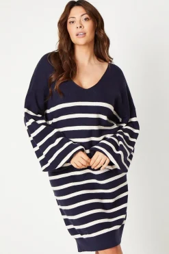 Curve Stripe Stitch Detail Longline V Neck Jumper Dress