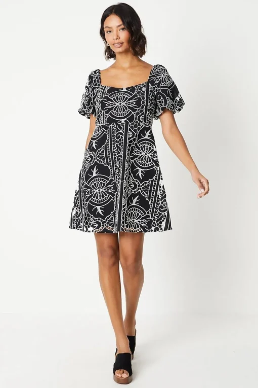 Cutwork Belted Puff Sleeve Mini Dress