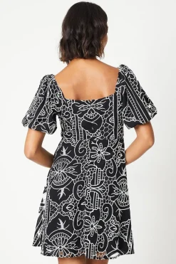 Cutwork Belted Puff Sleeve Mini Dress