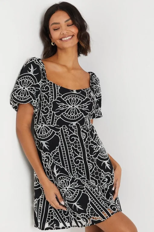 Cutwork Belted Puff Sleeve Mini Dress
