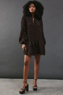 3d Chiffon Tie Neck Mini Smock Dress
