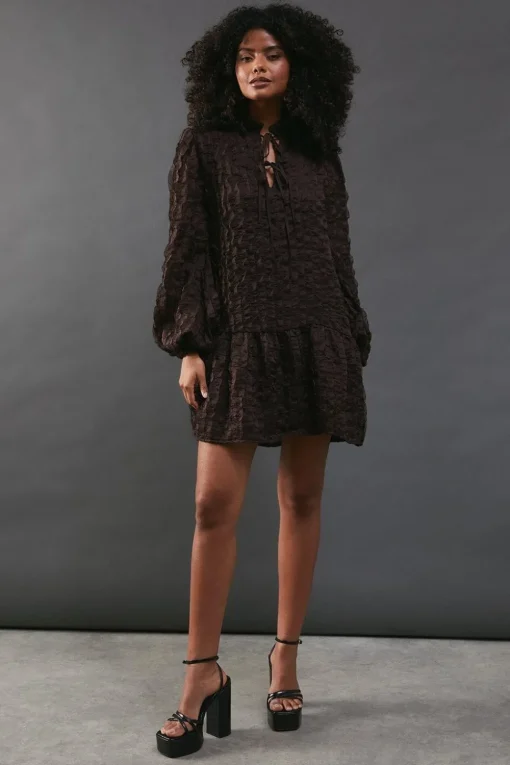 3d Chiffon Tie Neck Mini Smock Dress
