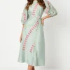 3d Floral Embroidered Puff Sleeve Midi Dress