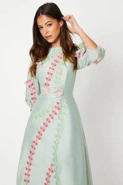 3d Floral Embroidered Puff Sleeve Midi Dress