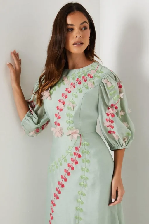 3d Floral Embroidered Puff Sleeve Midi Dress