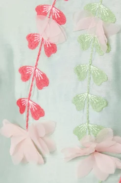 3d Floral Embroidered Puff Sleeve Midi Dress