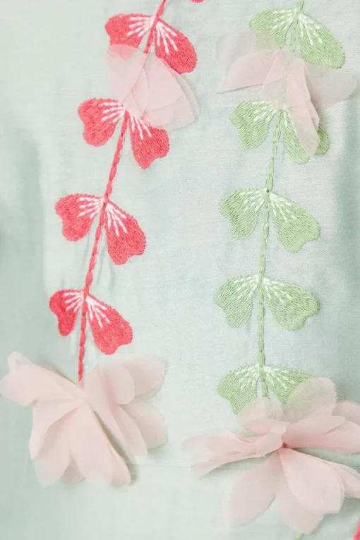 3d Floral Embroidered Puff Sleeve Midi Dress