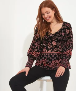 Dark Floral Balloon Sleeve Devore Shirt