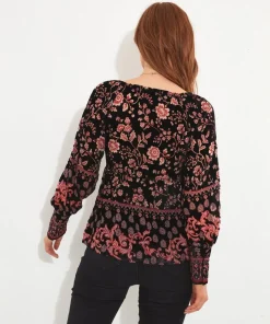 Dark Floral Balloon Sleeve Devore Shirt