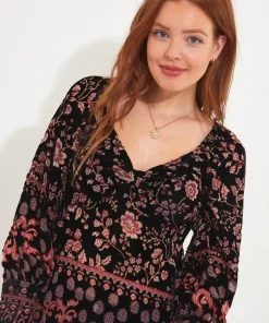Dark Floral Balloon Sleeve Devore Shirt