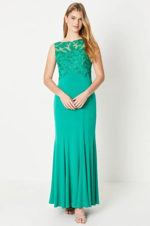 Debut London by Coast Slash Neck Open Back Applique Prom Dress
