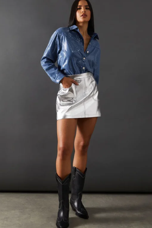 Denim Sequin Oversized Shirt