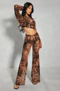 Devore Mesh Floral High Waisted Wide Leg Trouser