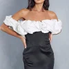 Diamante Embellished Contrast Frill Bardot Bodycon Mini Dress