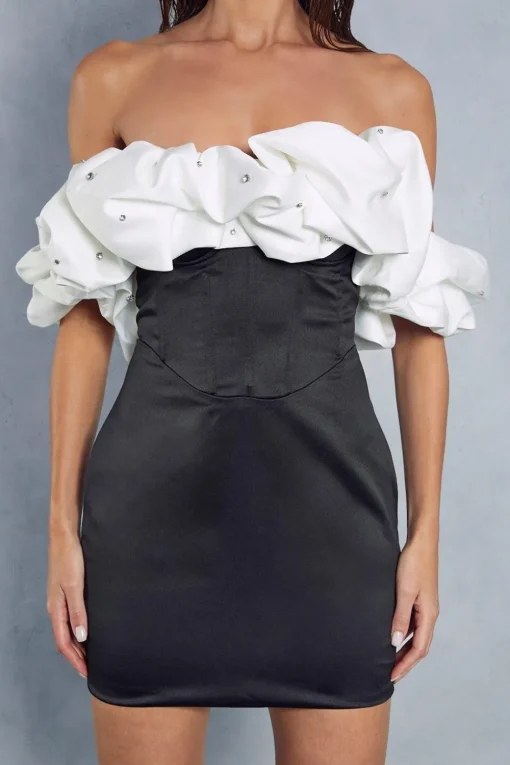 Diamante Embellished Contrast Frill Bardot Bodycon Mini Dress