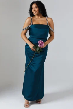 Diamante Trim Draped Shoulder Maxi Dress