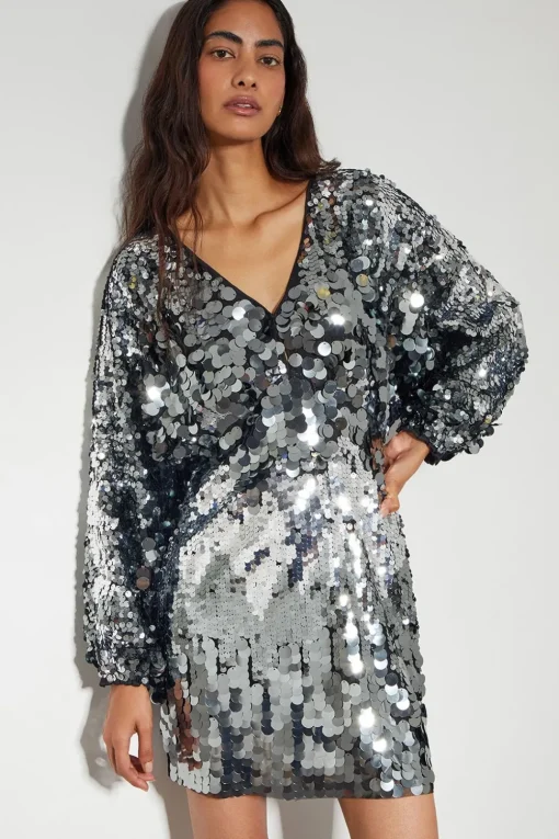 Dina Dolman Sequin Mini Dress Silver