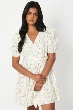Ditsy Floral Crepe Wrap Front Belted Mini Dress