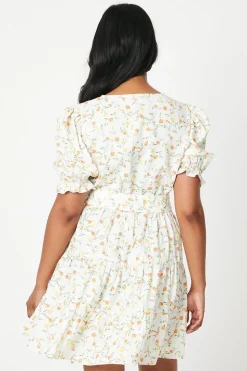 Ditsy Floral Crepe Wrap Front Belted Mini Dress