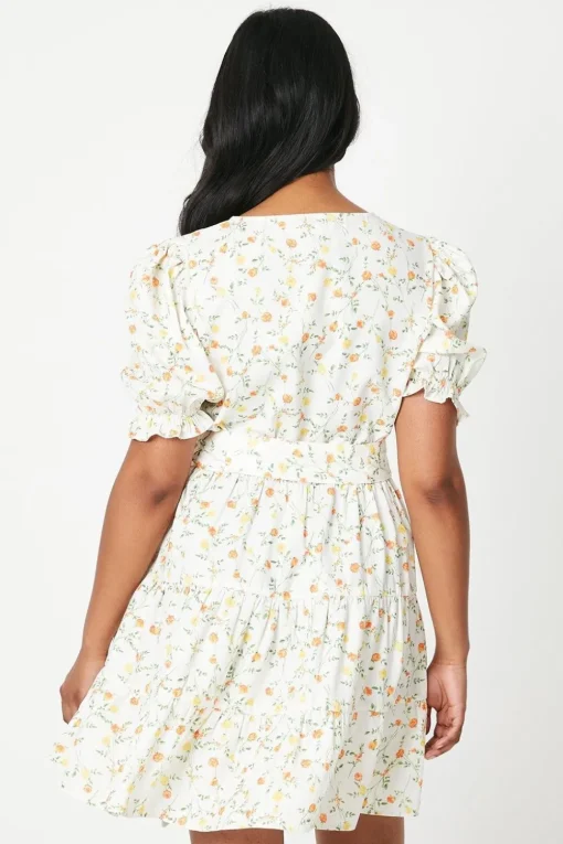 Ditsy Floral Crepe Wrap Front Belted Mini Dress