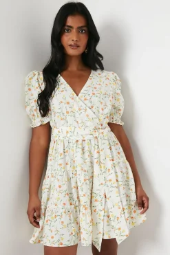 Ditsy Floral Crepe Wrap Front Belted Mini Dress