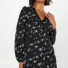 Ditsy Floral Long Sleeve Lace Trim Button Front Mini Dress