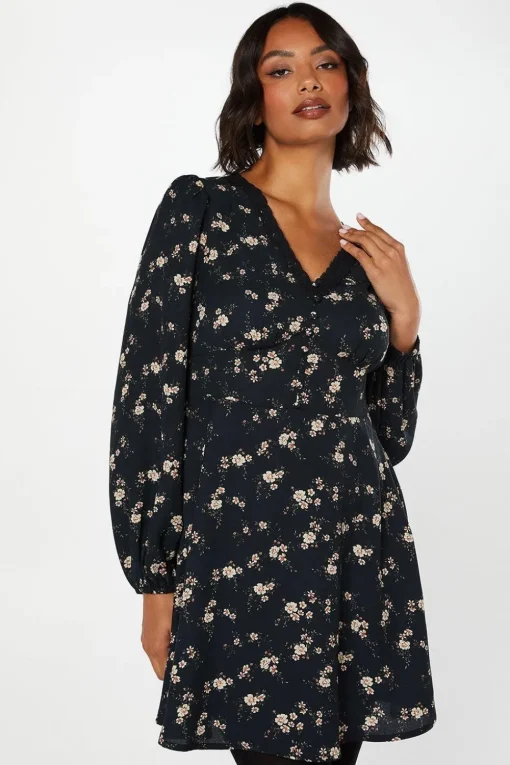 Ditsy Floral Long Sleeve Lace Trim Button Front Mini Dress