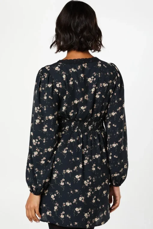 Ditsy Floral Long Sleeve Lace Trim Button Front Mini Dress
