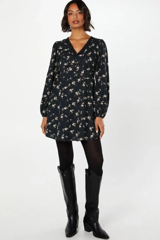 Ditsy Floral Long Sleeve Lace Trim Button Front Mini Dress