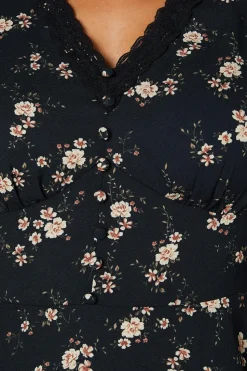 Ditsy Floral Long Sleeve Lace Trim Button Front Mini Dress