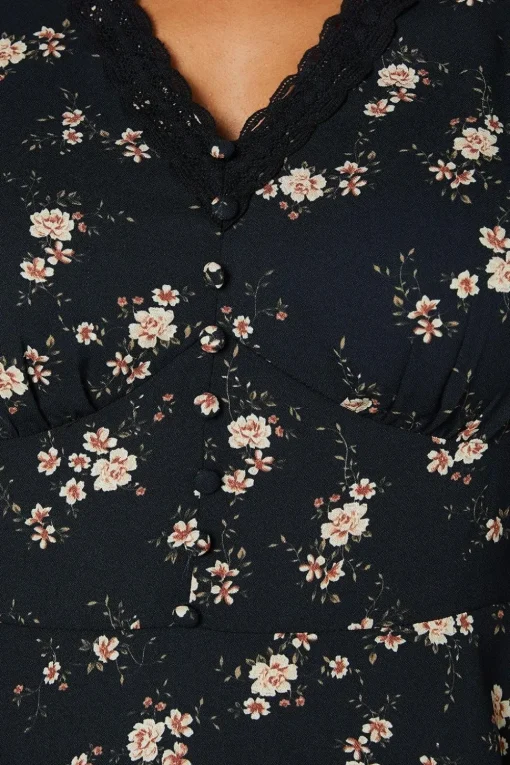 Ditsy Floral Long Sleeve Lace Trim Button Front Mini Dress