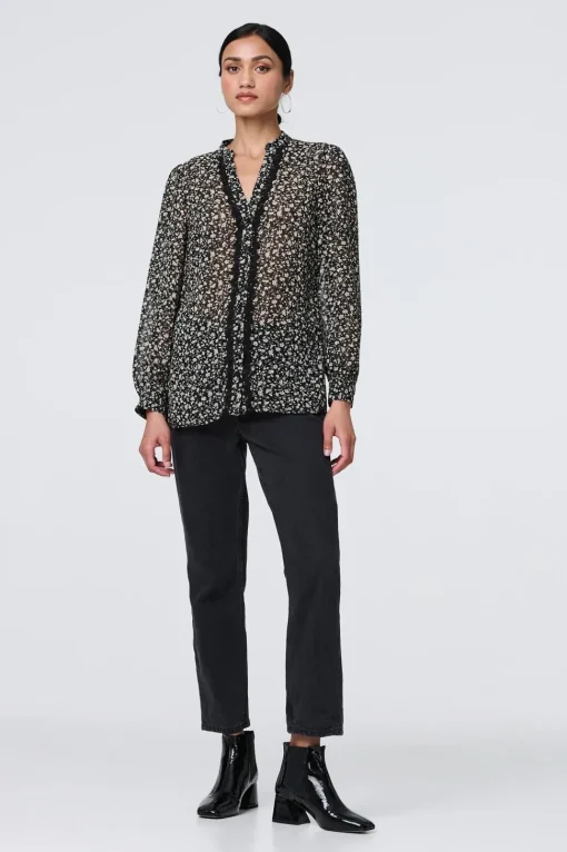 Ditsy Floral Semi Sheer Long Sleeve Blouse