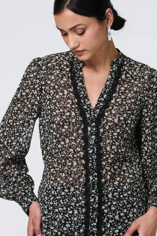 Ditsy Floral Semi Sheer Long Sleeve Blouse