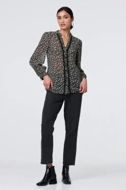 Ditsy Floral Semi Sheer Long Sleeve Blouse
