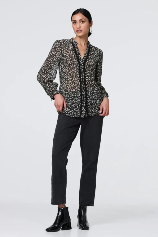 Ditsy Floral Semi Sheer Long Sleeve Blouse