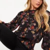 Ditsy Floral Shirred Hem Long Sleeve Blouse