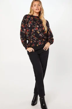 Ditsy Floral Shirred Hem Long Sleeve Blouse
