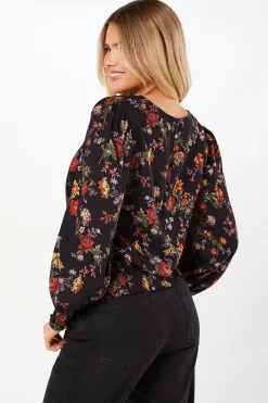Ditsy Floral Shirred Hem Long Sleeve Blouse
