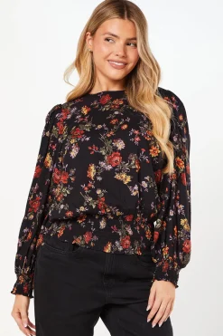 Ditsy Floral Shirred Hem Long Sleeve Blouse