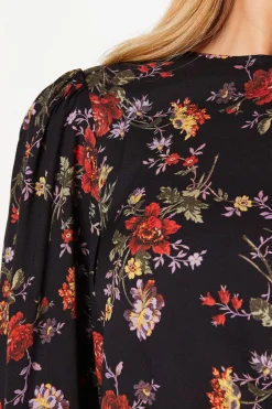 Ditsy Floral Shirred Hem Long Sleeve Blouse