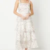 Ditsy Floral Tie Shoulder Organza Tiered Midi Dress