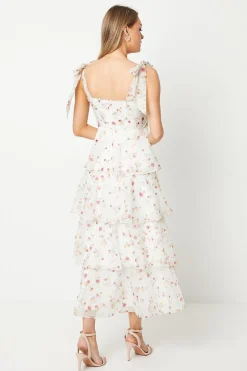 Ditsy Floral Tie Shoulder Organza Tiered Midi Dress
