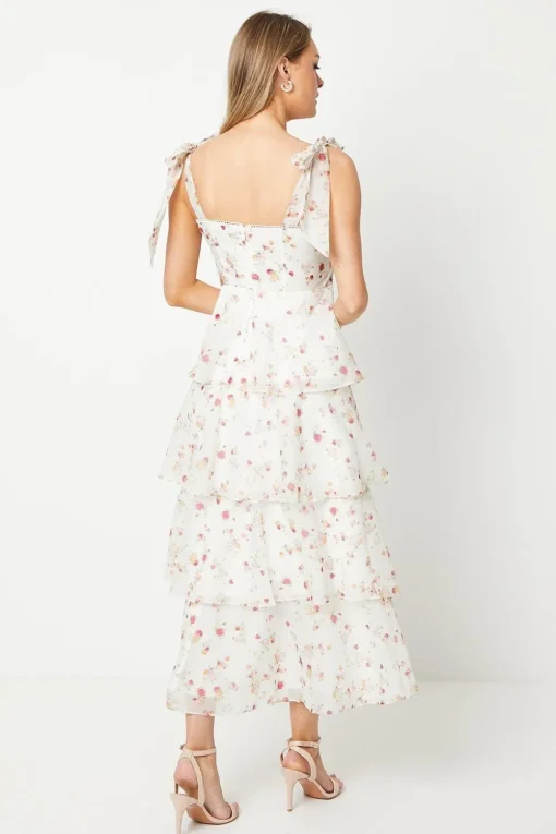 Ditsy Floral Tie Shoulder Organza Tiered Midi Dress